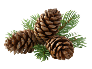 Three pine cones with evergreen branches isolated on white background