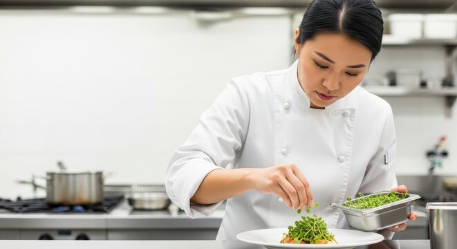 Asian woman chef plating food with fresh herbs in modern kitchen for International Women's Day  