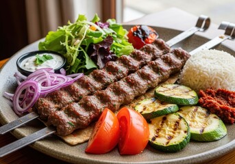 Exquisite grilled kebab platter featuring succulent skewers, vibrant salad, and fluffy rice
