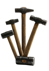 A collection of five used industrial hammers with aged wooden handles and worn steel heads, isolated on a transparent background. Concept of enduring manual labor