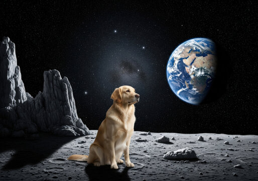 Contemplative dog on cratered lunar terrain gazing at Earth, representing cosmic immensity and isolation