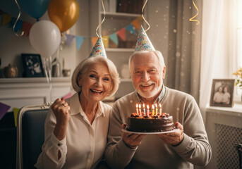 Happy senior couple celebrating a birthday with cake and party hats