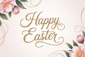 Elegant Happy Easter greeting card design with glimmering gold script and stunning pink floral accents, perfect for spring holiday celebrations and heartwarming invitations