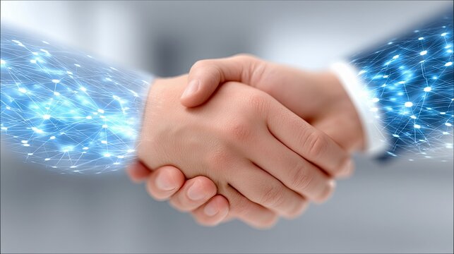 Two adult hands shaking, with glowing blue digital network patterns emanating from their arms, symbolizing connection and technology in a business context. - Powered by Adobe