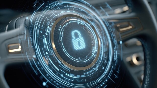 Futuristic Smart Car Interface Showcasing Advanced Cybersecurity Measures for Automotive Protection