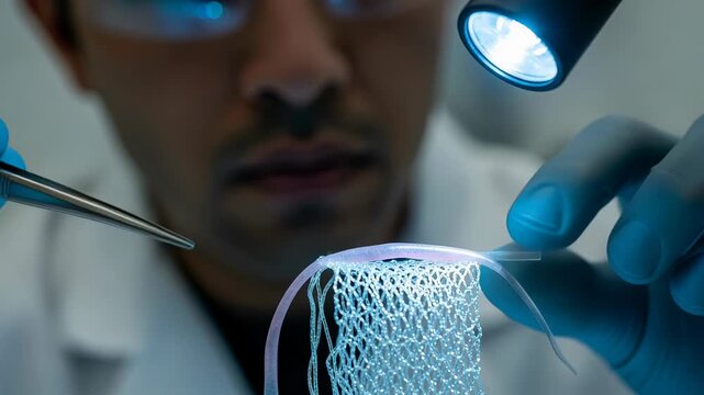 Bioengineer skillfully positions graft material on scaffold with precision