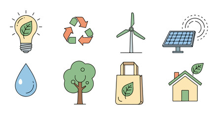 A vibrant set of eco-friendly line art icons illustrating sustainable energy, environmental conservation, recycling, and green living concepts for a healthier world