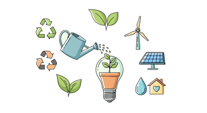 Creative illustration of essential eco-friendly and sustainable energy icons, promoting environmental protection, conservation, and a greener future