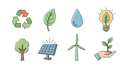 Comprehensive set of linear vector icons representing environmental conservation, renewable energy, and sustainable living concepts for eco-friendly design projects and awareness campaigns