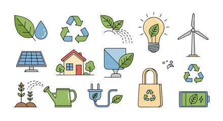 Comprehensive set of eco-friendly line icons illustrating sustainable energy, environmental protection, and green living concepts for a healthier planet's future