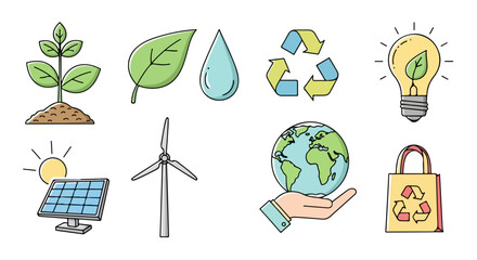 Collection of Environmental Icons Explore sustainability and eco-friendly concepts, highlighting renewable resources and nature