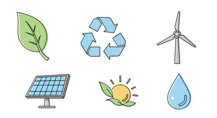 Eco-Friendly Energy Icons Solar, Wind, Water & Leaf for Sustainable Living