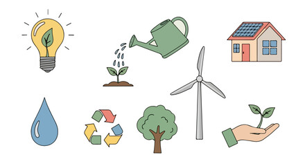 Comprehensive set of line art icons illustrating sustainable living, renewable energy sources, environmental protection, and eco-friendly solutions for a greener planet