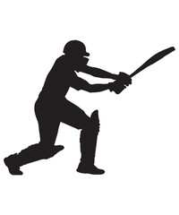 Silhouette of a cricket batsman in action swinging a bat with protective gear isolated on a white background representing the sport of cricket