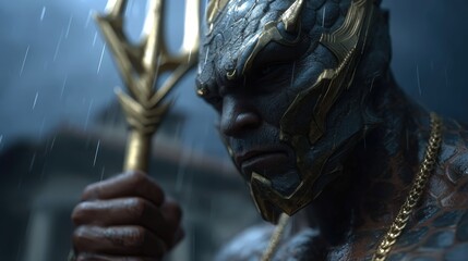 This powerful image captures an armored being holding a trident in the rain, showcasing determination and strength, with detailed textures reflecting a fierce, emotional atmosphere.