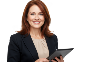 Smiling woman in business attire holding a tablet isolated on transparent background