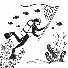 Diver with a net catching fish underwater near coral scuba diver ocean