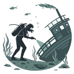 Diver with flashlight exploring sunken shipwreck on ocean floor with fish and seabed rocks Keywords: diver, scuba diving, underwater, ocean, sea, shipwreck, sunken ship, exploration, flashlight