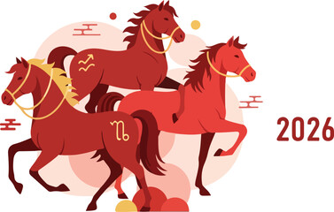 Three red horses with zodiac signs  golden reins stand before 2026