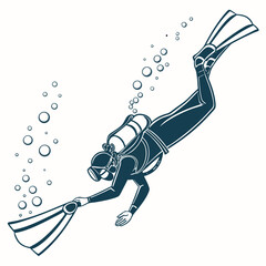 Line art illustration of a scuba diver reaching out with a flipper on a white background with bubbles