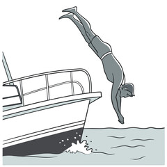Man in mid-air diving off the side of a boat into the water Keywords: diving, diver, jumping, leaping, boat, yacht, water, sea, ocean, summer, vacation, recreation, sport, activity, action, motion