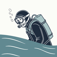 Scuba diver emerging from water with bubbles rising underwater ocean