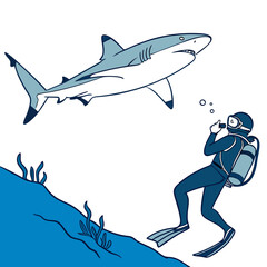 Scuba diver encountering a shark underwater with coral ocean diving