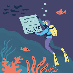 Scuba diver holding a slate with the word SLATE underwater ocean