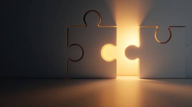 Two puzzle pieces are positioned with a gap between them, emitting a warm glow, symbolizing problem-solving and unity