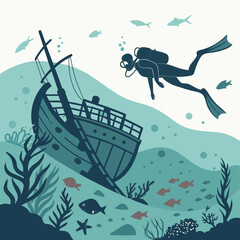 Scuba diver near a sunken shipwreck with marine life and coral underwater ocean