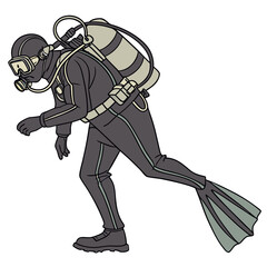 Scuba diver in full gear with tank and mask diving underwater