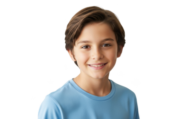 A portrait of a young boy with a friendly smile, wearing a light blue shirt, blue, boy, child, portrait, pose, shirt, smile 