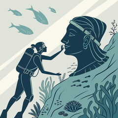 Scuba Diver Reaching Towards a Giant Underwater Sculpture of a Human Face with Marine Life Keywords: scuba diver, diving, underwater, ocean, sea, sculpture, human face, giant, ancient, mythology