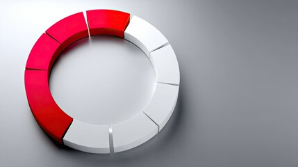 A 3D rendered circular diagram with several segments, some colored red and others white, set against a plain gray background with soft lighting.