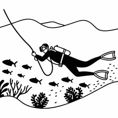 Scuba diver swimming with school of fish near coral underwater diving