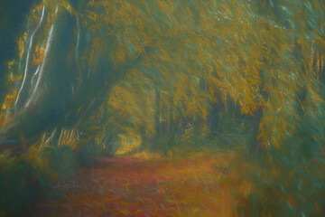 A digital oil painting of a rural British autumn landscape with arching beech trees and a misty woodland path at Upper Moor, Matlock Forest in the Derbyshire Dales, England, UK.