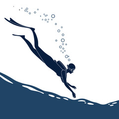 Silhouette of a Freediver Descending into Blue Water with Bubbles Keywords: freediver, silhouette, underwater, descending, water, ocean, sea, diving, swimming, bubbles, fins, mask, goggles, sport