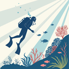 Silhouette of a scuba diver swimming in sunlit ocean depths with coral and fish underwater diving