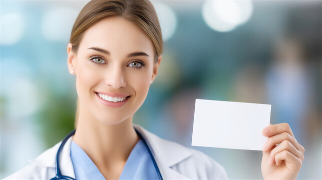 Smiling female healthcare professional holding blank ID card, symbolizing medical service, trust, professionalism and modern healthcare environment.
