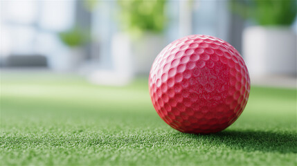 Single pink golf ball on green grass outdoors, representing sport, leisure activity, summer recreation and modern minimal golf concept.