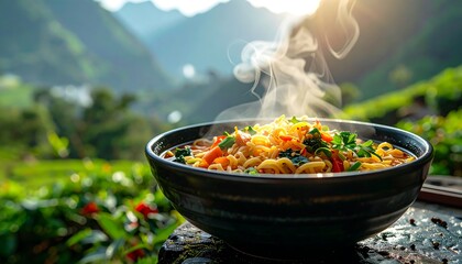 Steaming ramen bowl with vegetables, set against a blurred, lush mountain backdrop under bright sunlight