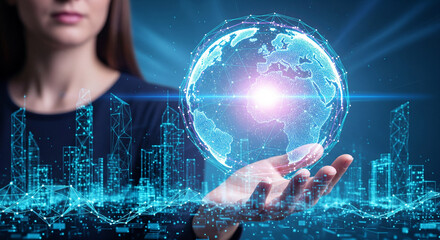 Digital world technology hand holding globe network connection