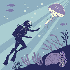 Stylized illustration of a scuba diver observing a jellyfish underwater with sunbeams and marine plants