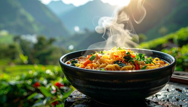 Steaming ramen bowl with vegetables, set against a blurred, lush mountain backdrop under bright sunlight
