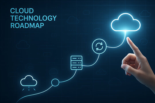 cloud technology roadmap and digital transformation strategy on a dark blue background with glowing neon icons representing infrastructure, server, and data flow towards a bright future