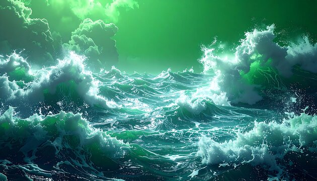 Emerald waves surge under a vibrant green sky, creating a dramatic, otherworldly seascape of tumultuous water