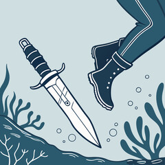 Underwater Scene with a Dagger and Diver's Boots knife feet