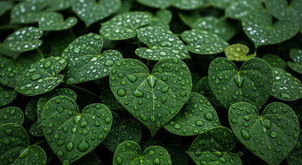 Heart-shaped leaves with water droplets, green nature backdrop