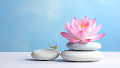 Pink lotus flower atop stacked light gray stones against a pale blue background