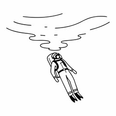 Astronaut floating in water with wavy surface above Keywords: astronaut, space suit, floating, underwater, water, surface, wavy lines, drawing, illustration, outline, black and white, isolated